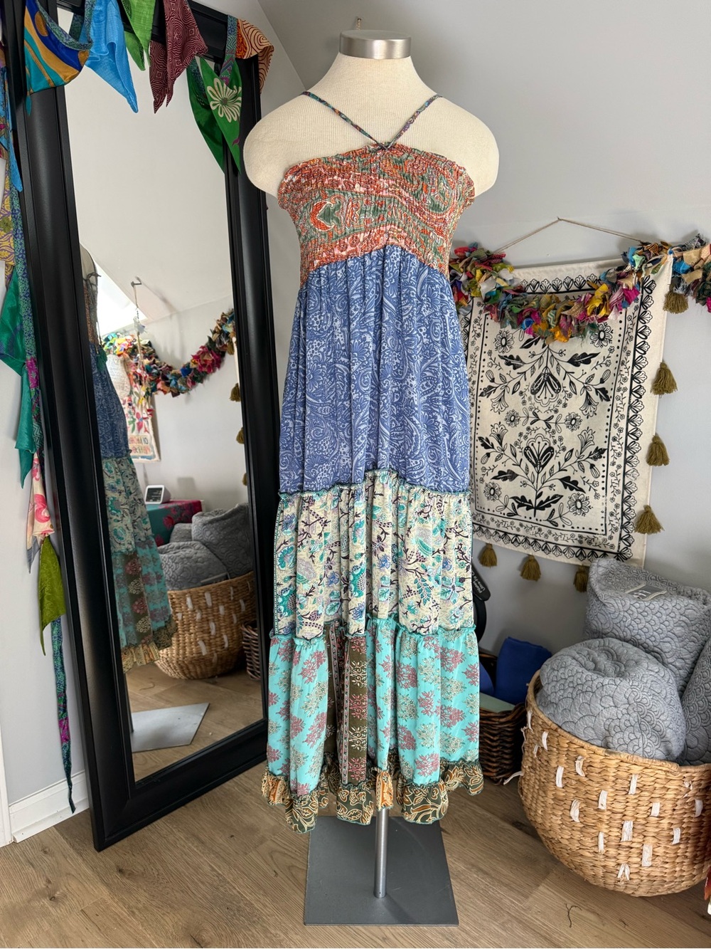 NWOT Smocked Boho Maxi Dress in Blue and Teal Patchwork - Picture 2 of 8